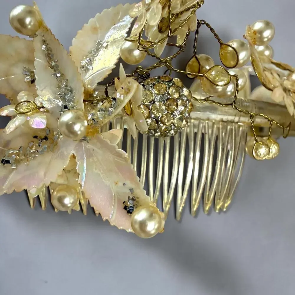 Mid Century Crown Tiara Shell Pearl Floral Headpiece Vintage Wedding MCM Prom